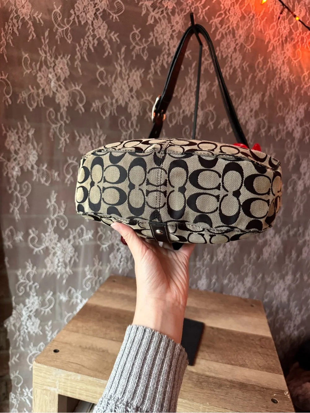 Coach Black and Cream Signature Canvas Shoulder Bag with Cherry Charm